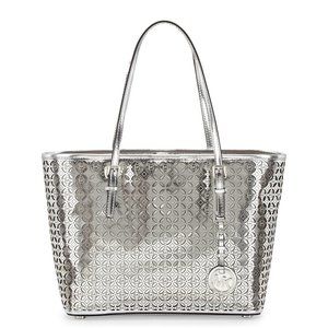 MICHAEL Michael Kors MK Flower Perforated Medium Travel Tote Silver - Brand New